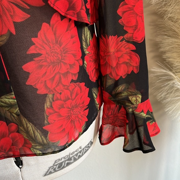 KEEPSAKE sheer red floral dark romance tie neck blouse - Picture 3 of 9
